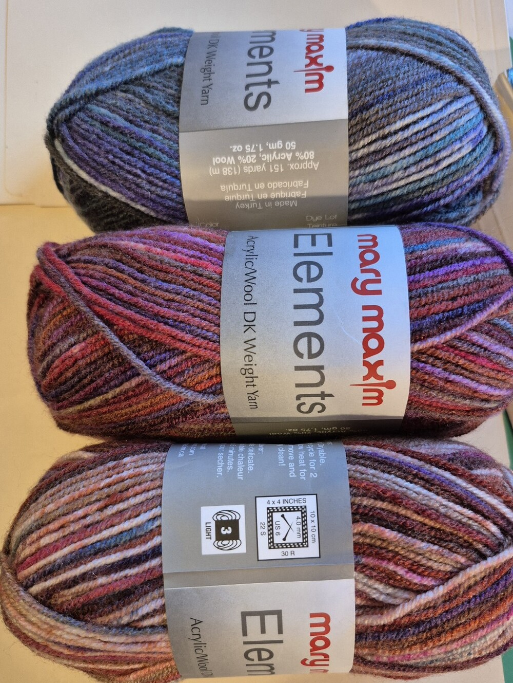 Mary Maxim Elements. Three Multicolor Variegated Yarn Skeins